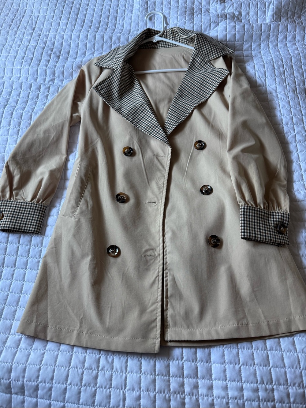 Beige Double-Breasted Trench Coat with Check Trim